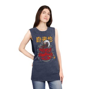 Stonewash Tank Top – Japanese Red Oni Mask Graphic with Kanji - Image 16