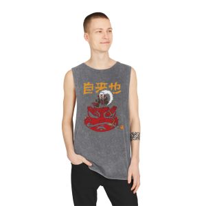 Stonewash Tank Top – Japanese Red Oni Mask Graphic with Kanji - Image 11