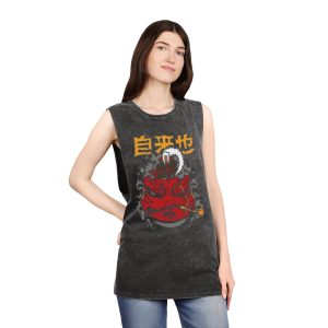 Stonewash Tank Top – Japanese Red Oni Mask Graphic with Kanji - Image 4