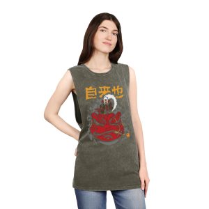 Stonewash Tank Top – Japanese Red Oni Mask Graphic with Kanji - Image 8