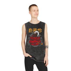 Stonewash Tank Top – Japanese Red Oni Mask Graphic with Kanji - Image 3