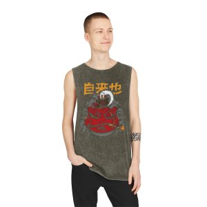 Stonewash Tank Top – Japanese Red Oni Mask Graphic with Kanji - Image 7