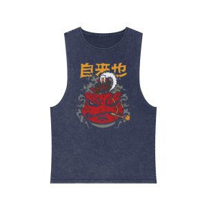 Stonewash Tank Top – Japanese Red Oni Mask Graphic with Kanji - Image 13