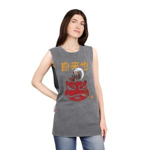 Stonewash Tank Top – Japanese Red Oni Mask Graphic with Kanji - Image 12