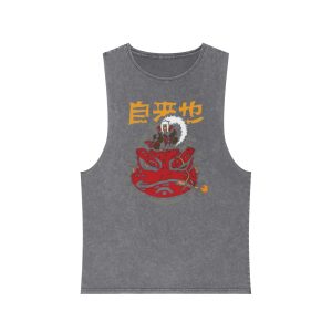Stonewash Tank Top – Japanese Red Oni Mask Graphic with Kanji - Image 9