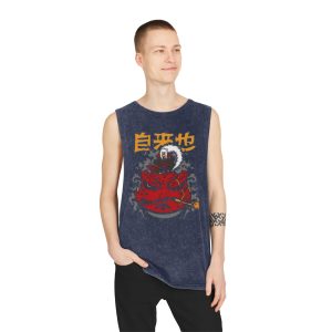 Stonewash Tank Top – Japanese Red Oni Mask Graphic with Kanji - Image 15