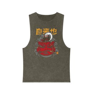 Stonewash Tank Top – Japanese Red Oni Mask Graphic with Kanji - Image 5